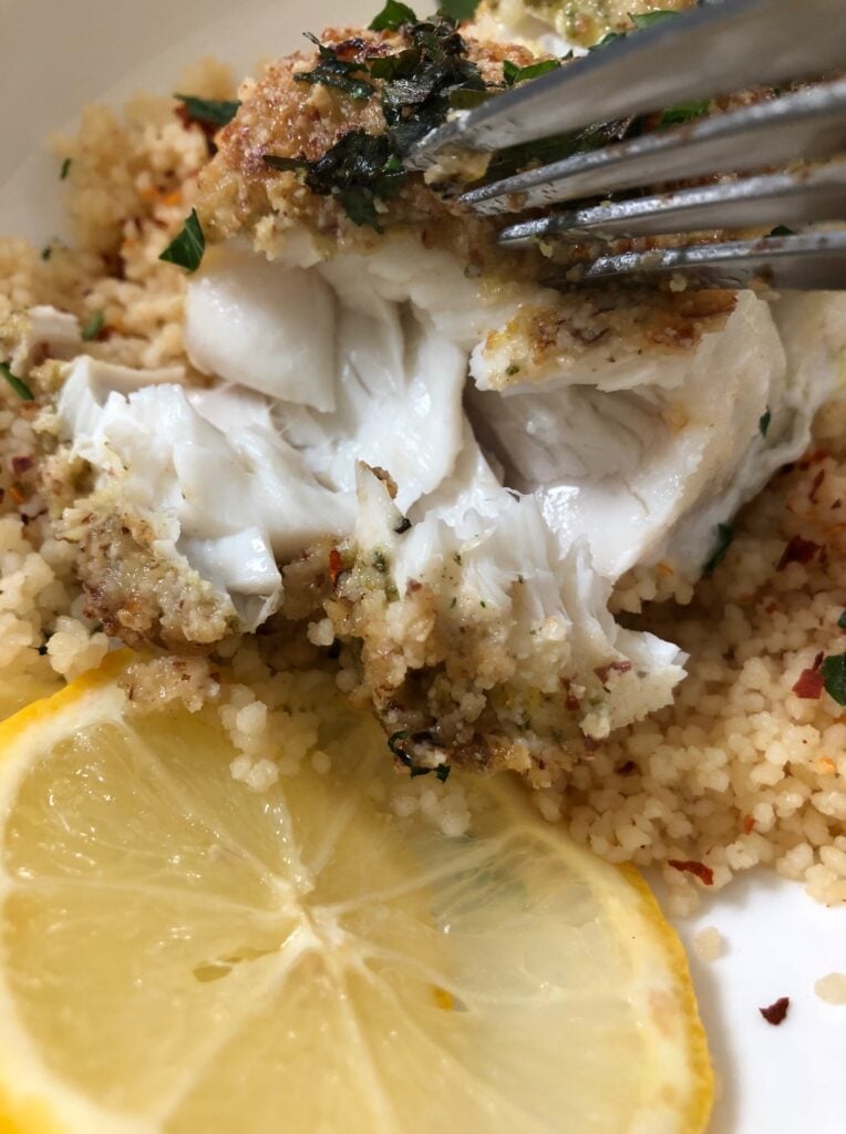 flaky white fish with couscous