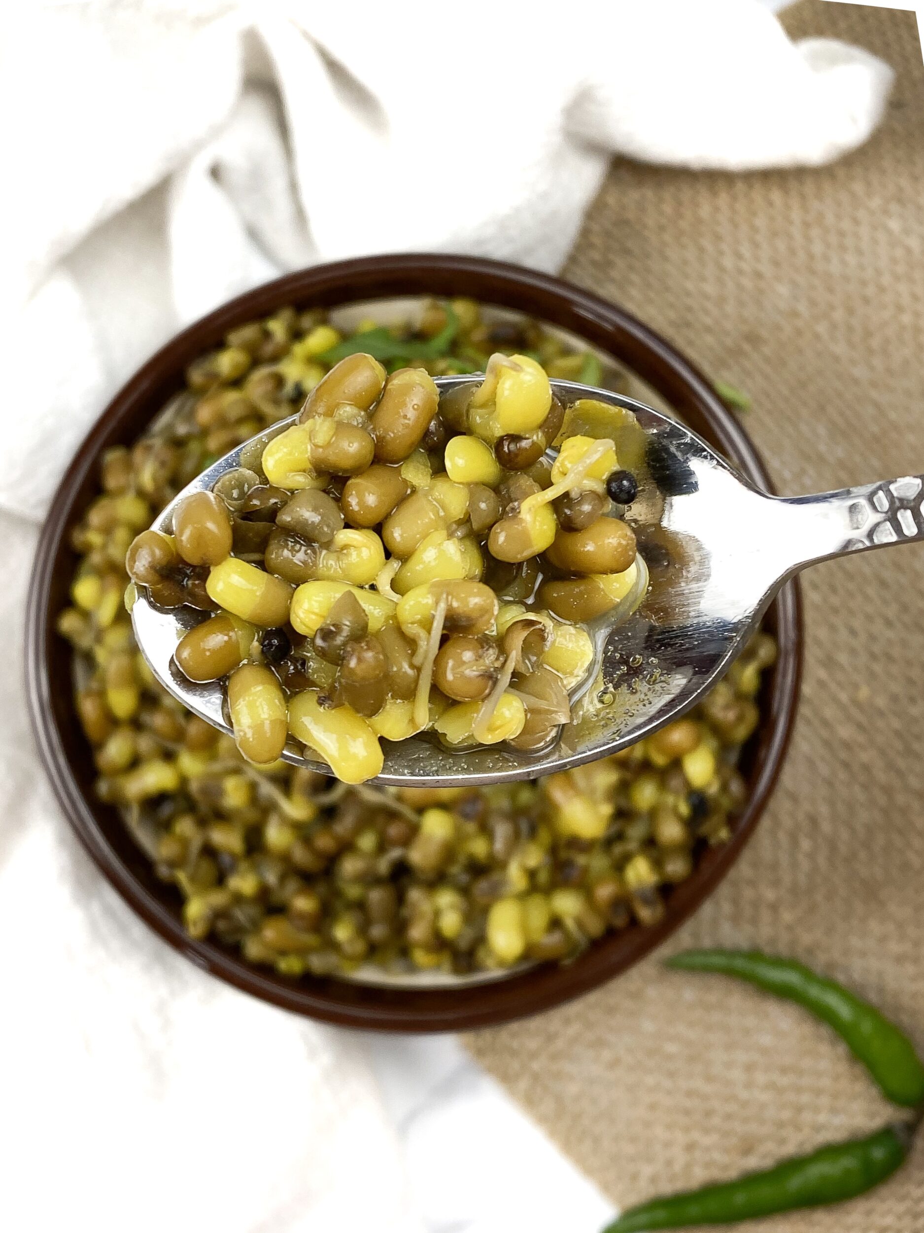 a spoonful of indian spiced beans with mustard seeds and sprouts
