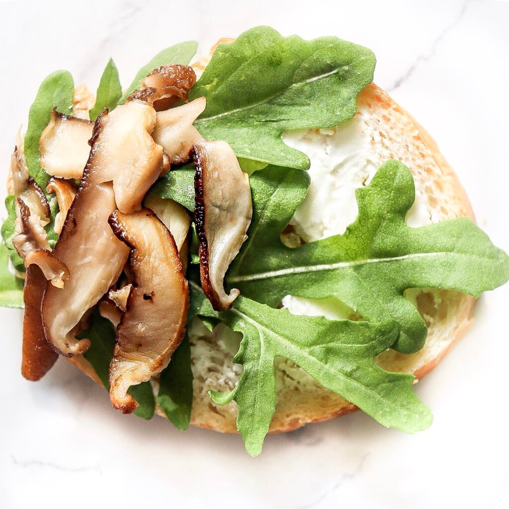 Toasted garlic bread shiitake mushrooms creamy goat cheese arugula  appetizer arugula goat cheese dinner salad 