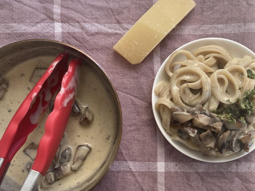 serving of mushroom pasta