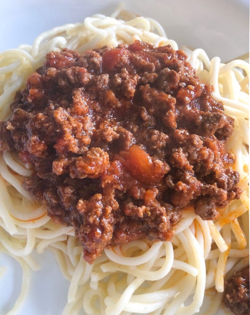Pasta dish with thick meat sauce.