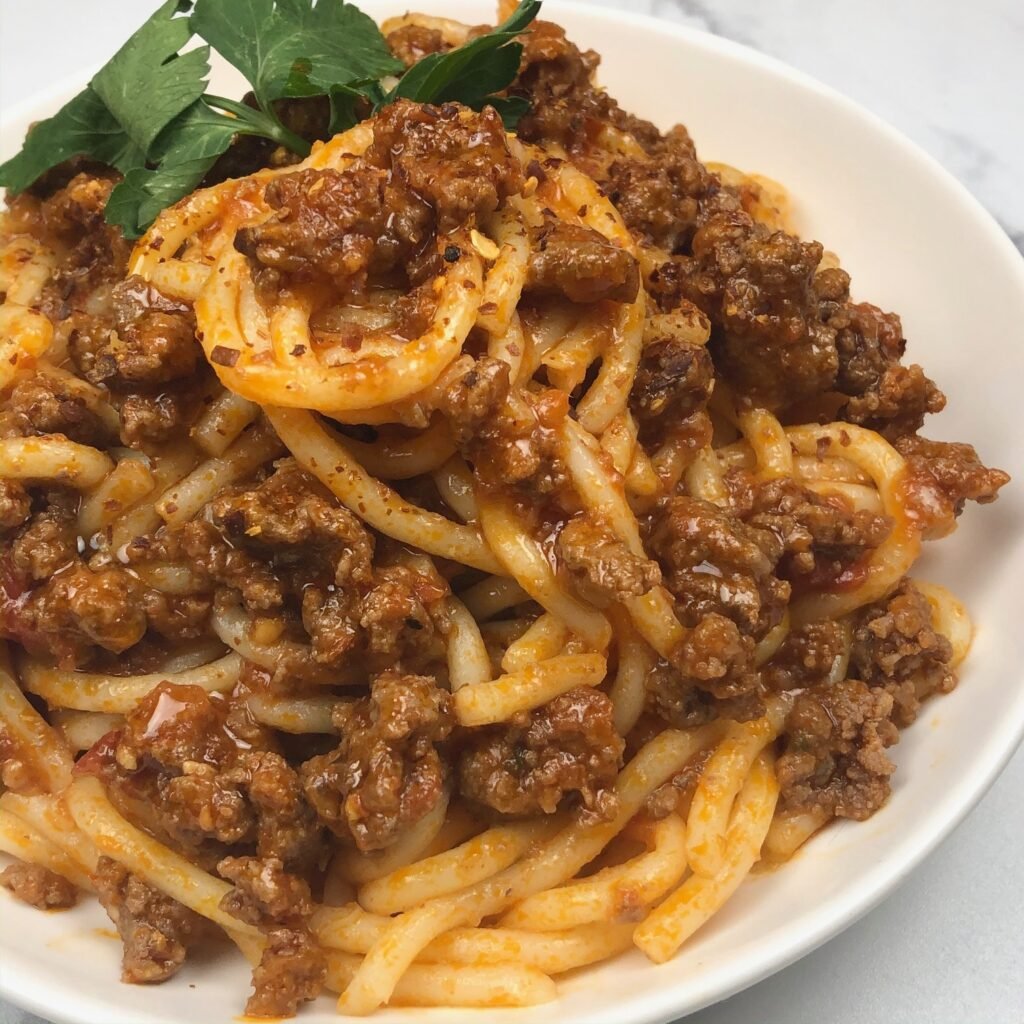 Pasta dish with thick meat sauce. 