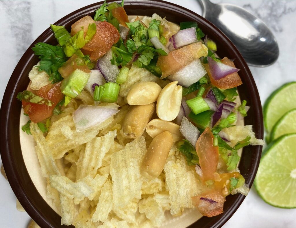 A combination of potato chips with herbs and Indian spices.