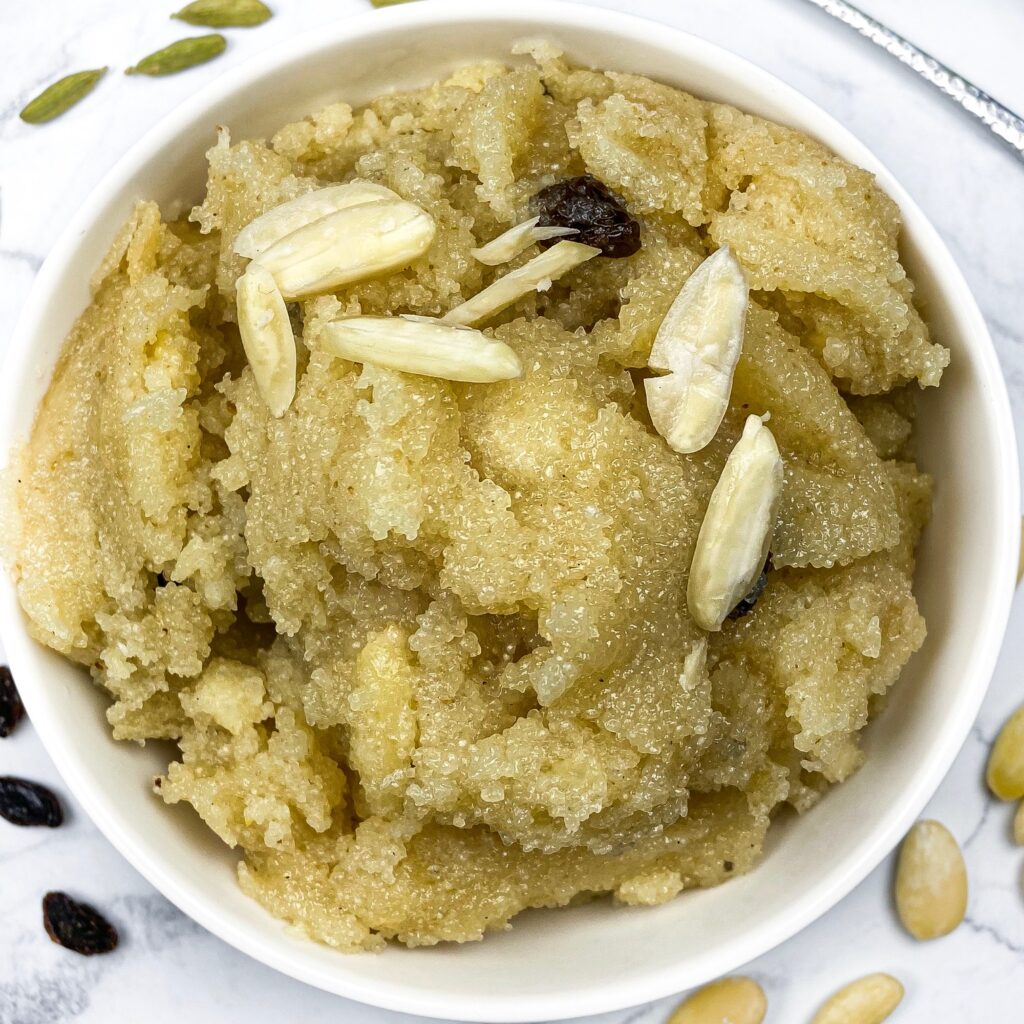 Semolina Flour cooked with ghee, sugar, and milk and eaten as a dessert. Almonds and raisins are also added to the dish.