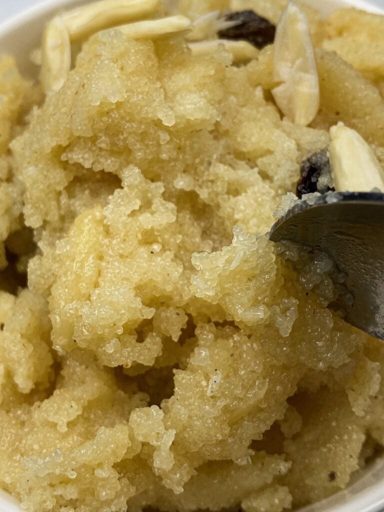 Semolina Flour cooked with ghee, sugar, and milk and eaten as a dessert. Almonds and raisins are also added to the dish.