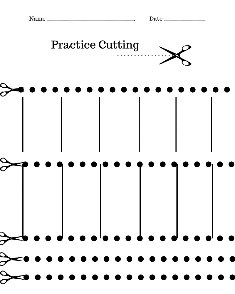 A page with scissors and lines to help kids practice cutting skills.