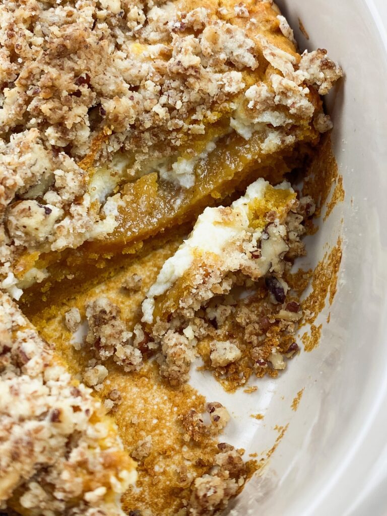 Crumble cheesecake with Trader Joe's pumpkin spice cake and pecan streusal