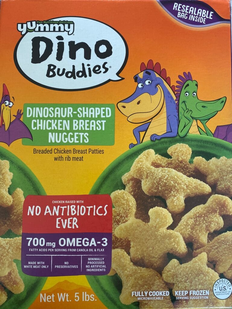 a box of dino buddies chicken nuggets