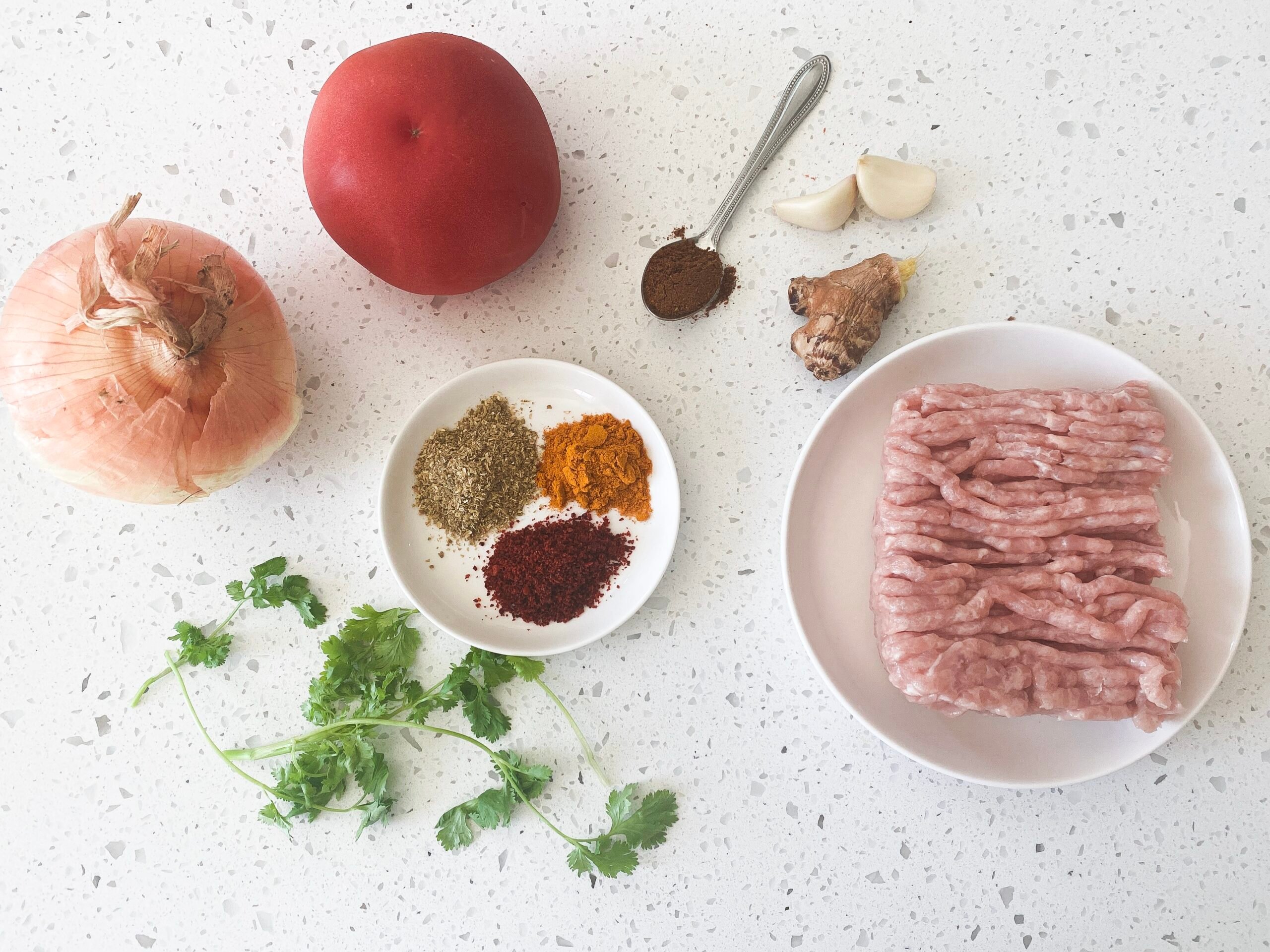 Ingredients for chicken kheema ground minced meat with spices in a plate