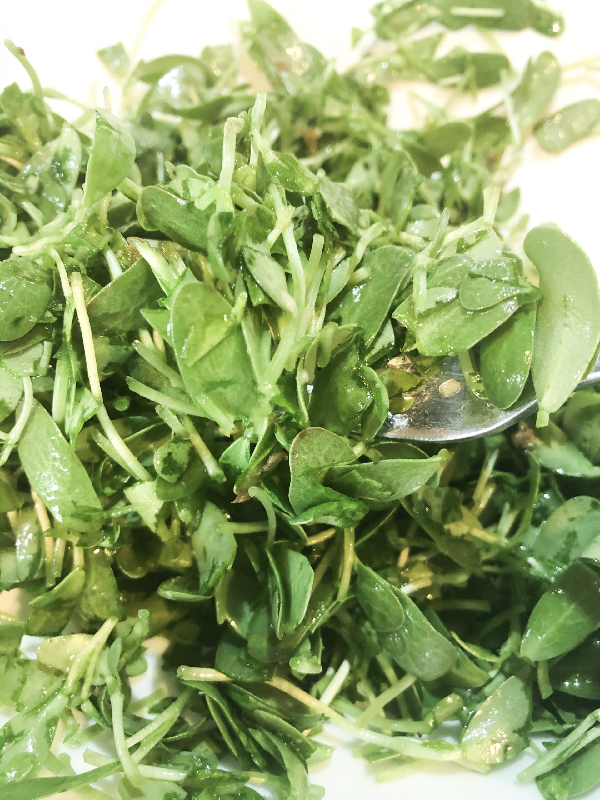tender micro greens with tempered oil being mixed with a spoon