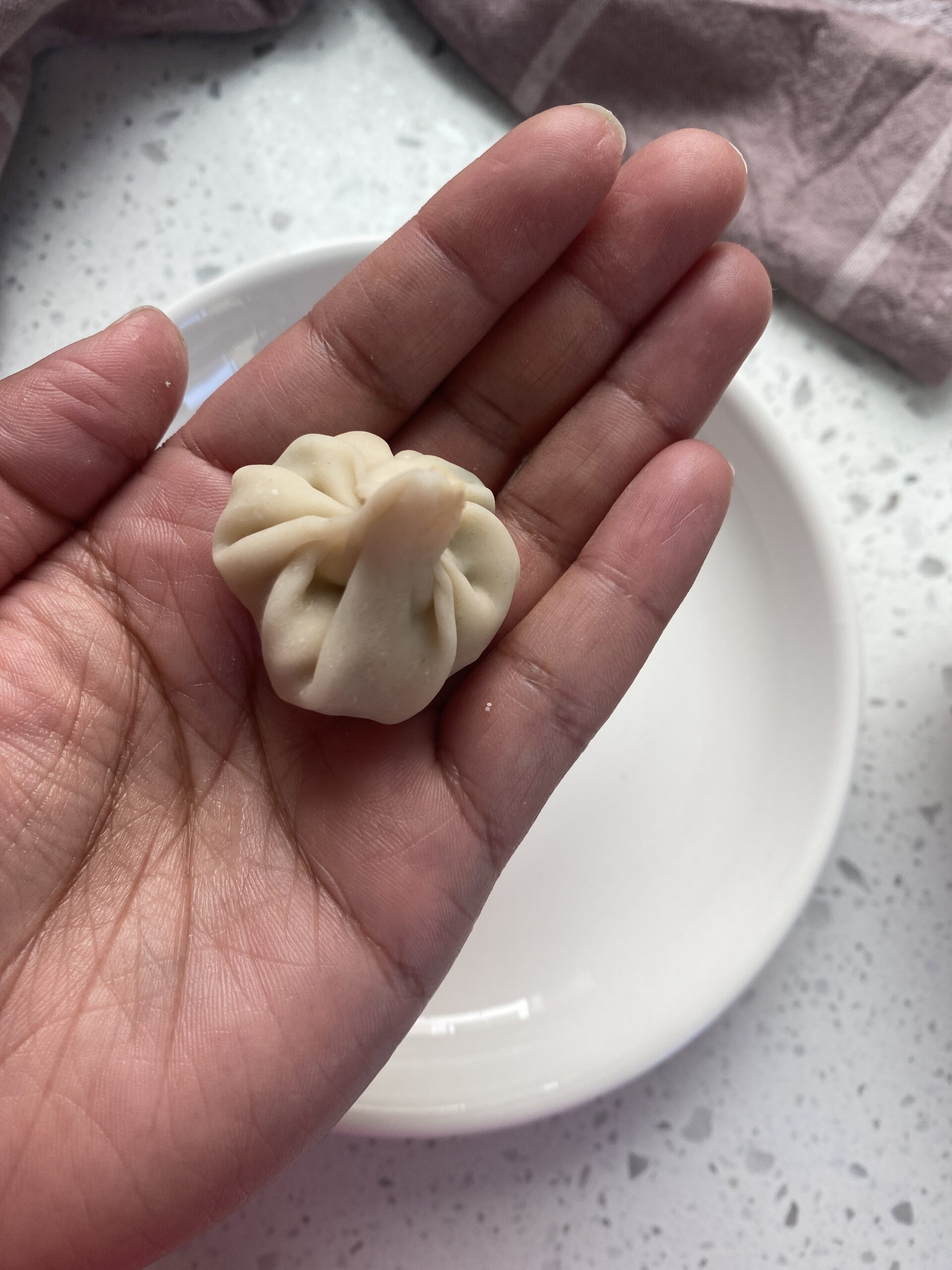 folding dumplings into a momo in a palm of a hand