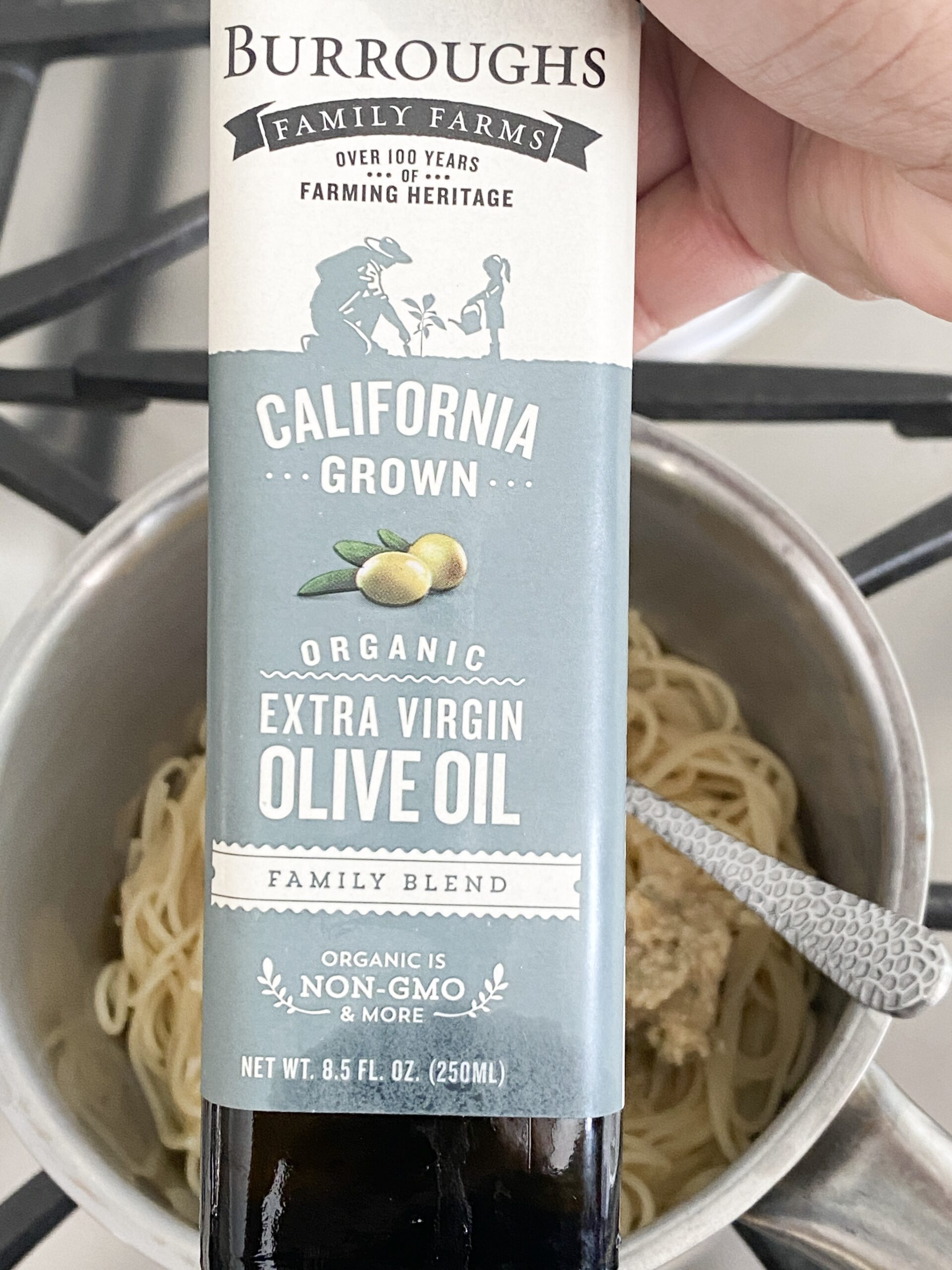 burroughs farm olive oil in a bottle